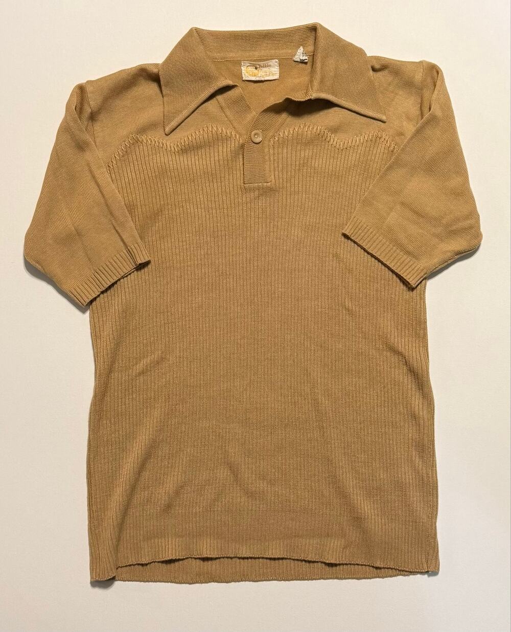 Vintage 1970s Pebble Beach Sportswear Ribbed Knit Polo Shirt Mens L Tan Acrylic